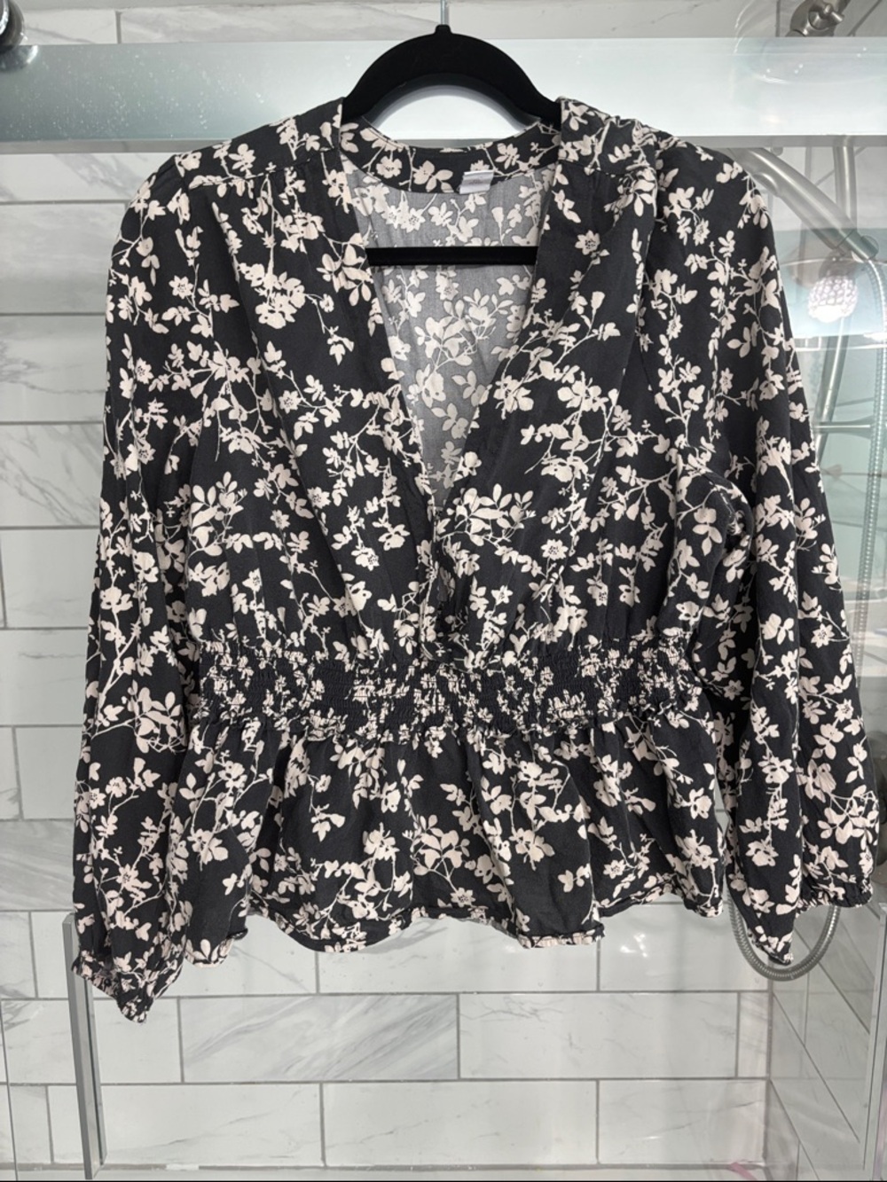Old Navy Smocked Waist V-Neck Floral Blouse - Black & Cream